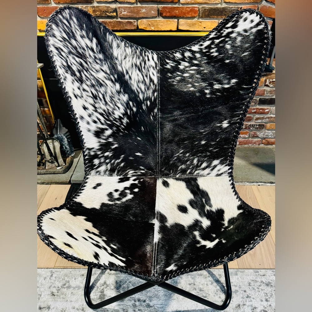 Genuine Leather Goat Hair Butterfly Chair, unusual unique black and white
